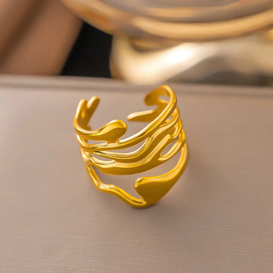 Anti-TarnishLeaf Hollow Abstract Wide Ring