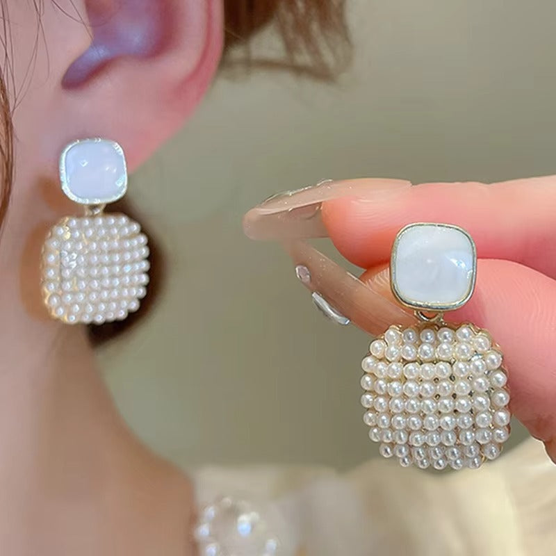 Geometric Pearl Square Drop Earrings