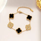 Black 4 Four Leaf Clover Flower Bracelet With Stones